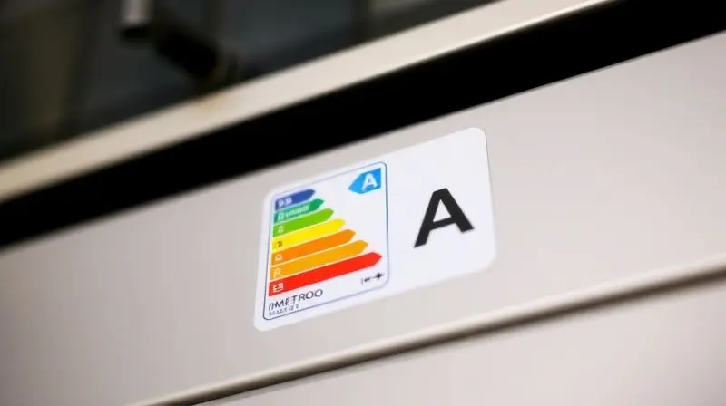 Close-up da etiqueta de eficiência energética do INMETRO em um ar-condicionado, destacando a classificação 'A' de máxima economia.