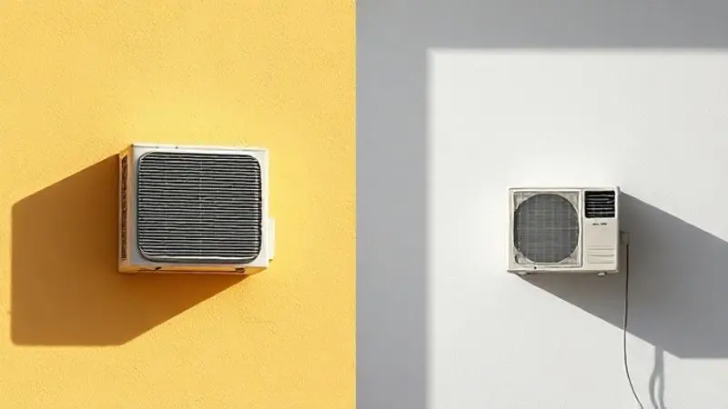 Comparativo mostrando por que não se deve instalar o ar condicionado em uma parede que recebe luz solar direta, o que diminui a eficiência do aparelho.