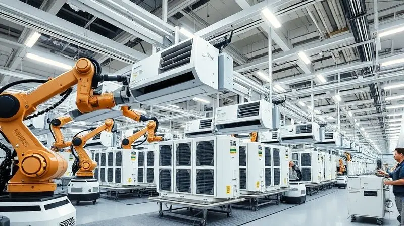Linha de montagem moderna e tecnológica de uma fábrica de eletrodomésticos, representando quem fabrica os aparelhos de ar-condicionado da Philco.