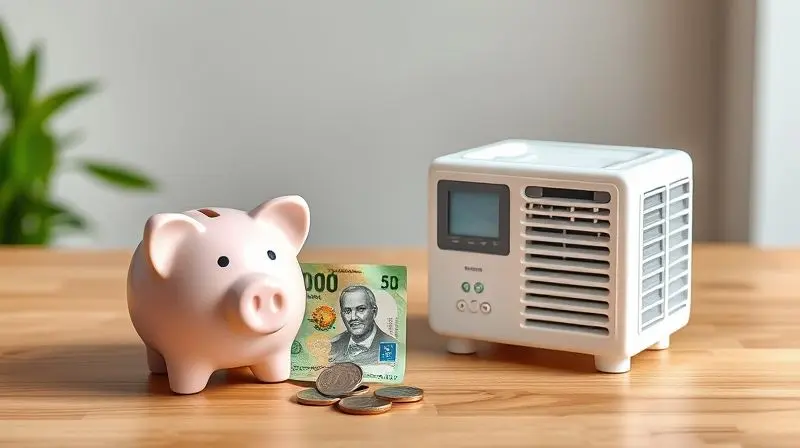 Imagem conceitual de um cofrinho e dinheiro ao lado de um ar-condicionado, representando a faixa de preço e o custo-benefício da marca EOS.