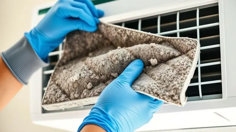 Mãos com luvas removendo um filtro de ar condicionado extremamente sujo e empoeirado para demonstrar a falta de limpeza e manutenção.