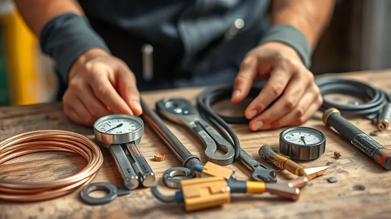 Técnico organizando as ferramentas e materiais necessários para a instalação de um ar condicionado split em uma bancada de trabalho.