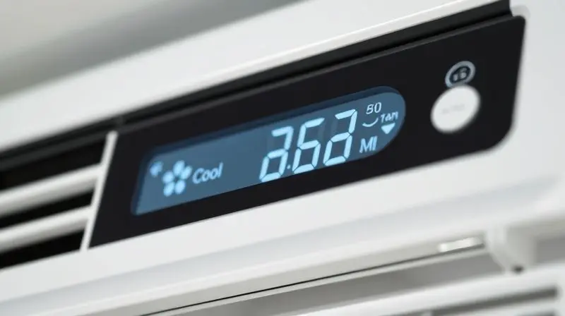 Detalhe do painel de um ar-condicionado moderno, exibindo suas especificações técnicas e ícones de funções em um display digital.