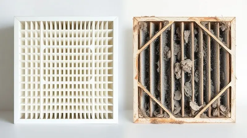Comparativo visual mostrando um filtro de ar-condicionado novo e branco ao lado de um filtro velho e sujo, indicando a hora certa de trocar.