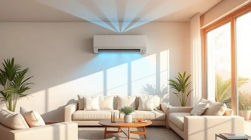 Sala de estar moderna e refrescante em um dia de sol, ilustrando o uso da função 'cool' (resfriar) do ar-condicionado para conforto térmico.
