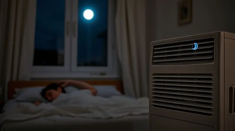 Quarto tranquilo e confortável à noite, com uma pessoa dormindo serenamente graças à função Dormir (Sleep) do ar-condicionado, que ajusta a temperatura.
