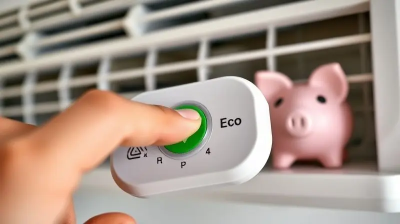 Close-up do dedo pressionando o botão verde da função Eco em um controle remoto, simbolizando a economia de energia elétrica do ar-condicionado.