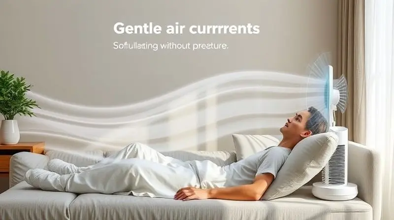 Pessoa relaxando enquanto o ar-condicionado na função 'fan' (ventilar) circula o ar suavemente, representando uma opção econômica de ventilação.