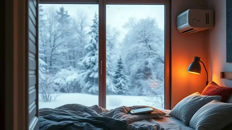 Quarto aconchegante em um dia frio de inverno, com o ar-condicionado na função 'heat' (aquecer) emitindo um calor confortável e visível.