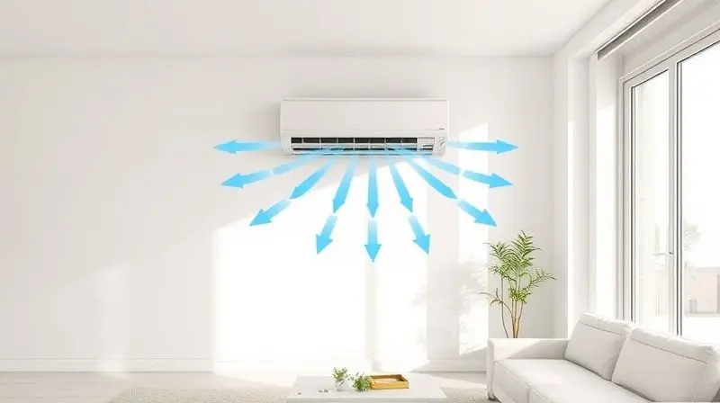 Demonstração da função Swing de um ar-condicionado, com setas indicando o direcionamento e a distribuição uniforme do ar no ambiente.