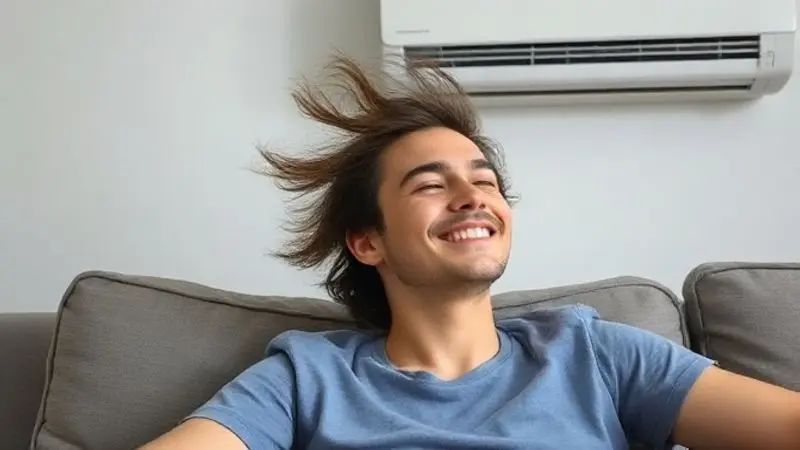 Pessoa em uma sala de estar sentindo alívio e frescor com o vento do ar condicionado, demonstrando a eficiência da função Turbo.