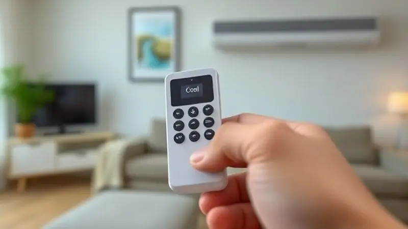 Detalhe do controle remoto de um ar-condicionado portátil, destacando os botões de funções principais como refrigeração, ventilação e timer.