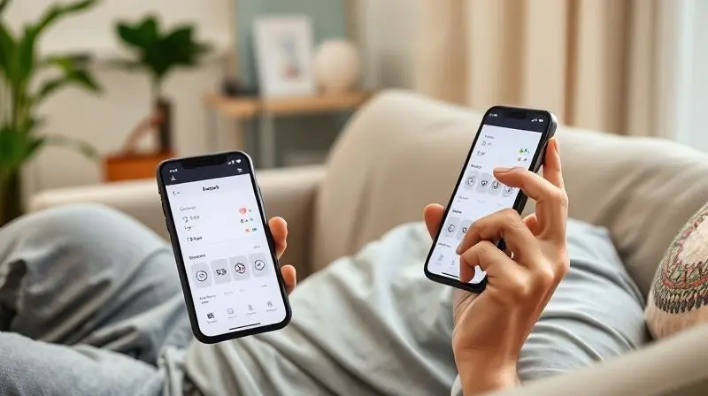 Mulher controlando as funções do ar-condicionado, como a temperatura e o Wi-Fi, através de um aplicativo em seu smartphone.