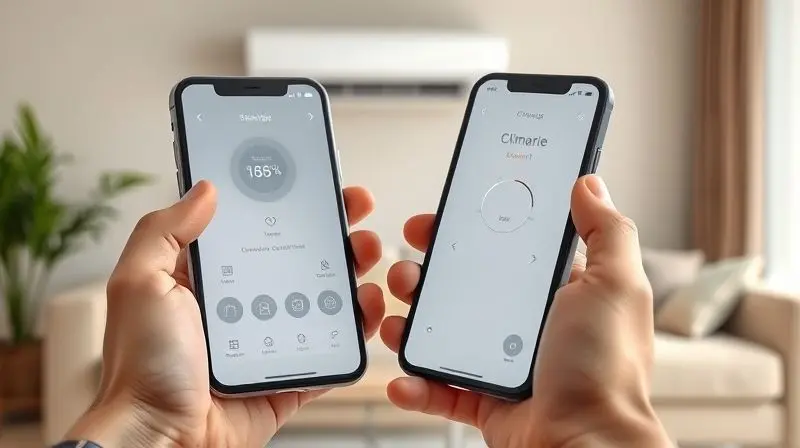 Mão segurando um smartphone com um aplicativo genérico de climatização, controlando um ar-condicionado moderno ao fundo via Wi-Fi.