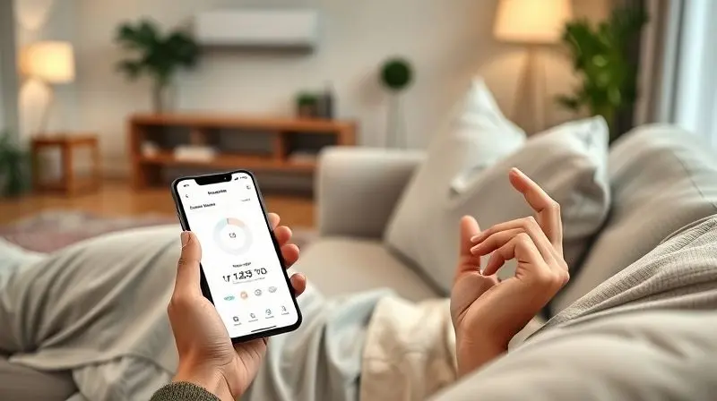 Pessoa usando um aplicativo de celular para controlar as funções de um ar-condicionado inverter com Wi-Fi, ajustando a temperatura com conforto.