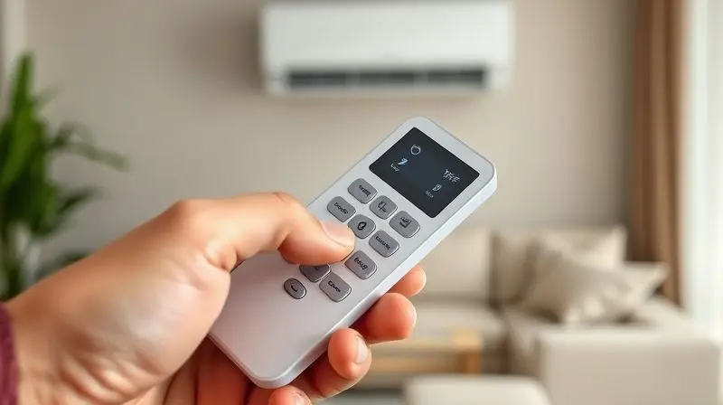 Mão segurando um controle remoto moderno com ícones brilhantes representando as funções extras de um ar-condicionado, como timer, modo sleep e Wi-Fi.