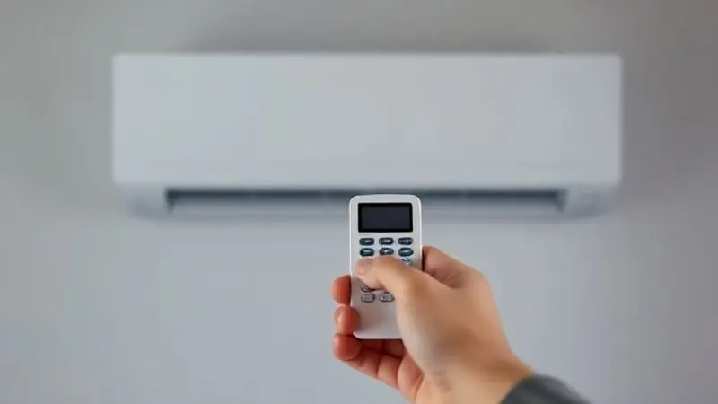 Pessoa utilizando o controle remoto para ajustar as funções e recursos de um ar-condicionado moderno, com foco na facilidade de uso do aparelho.