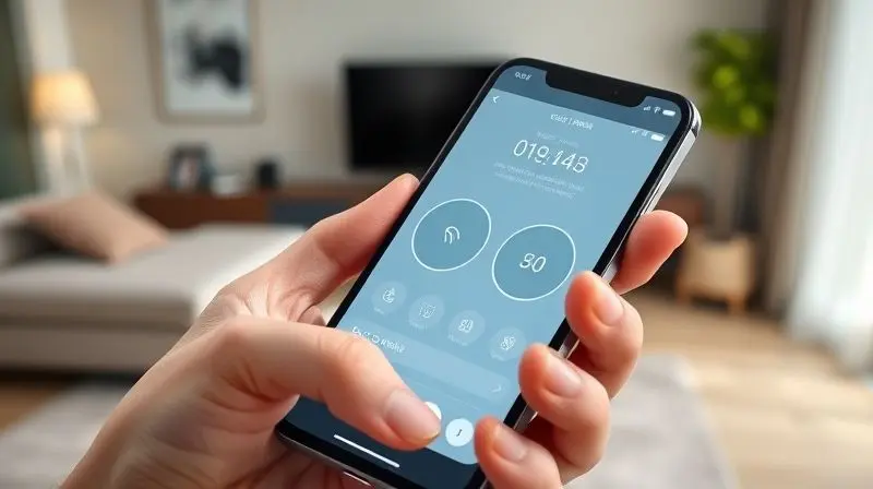 Pessoa controlando as funções de um ar-condicionado pelo aplicativo no celular, demonstrando a tecnologia exclusiva dos aparelhos Midea.