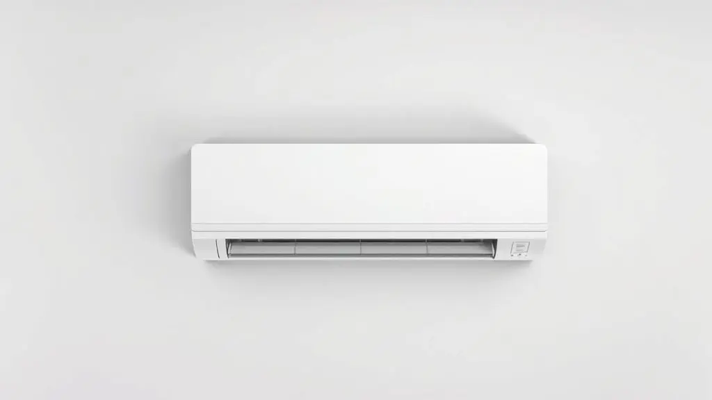 Um moderno aparelho de ar-condicionado split, branco e sem marca, instalado perfeitamente em uma parede cinza clara, representando o tema do artigo.