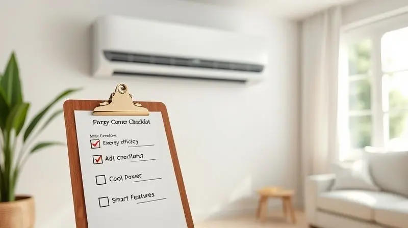 Checklist com ícones de eficiência e potência ao lado de um ar condicionado, ilustrando o guia de como escolher o modelo ideal de 24000 BTUs.