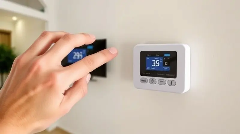 Mão de uma pessoa ajustando o termostato do controle remoto do ar-condicionado para uma temperatura econômica, reduzindo o consumo de energia.