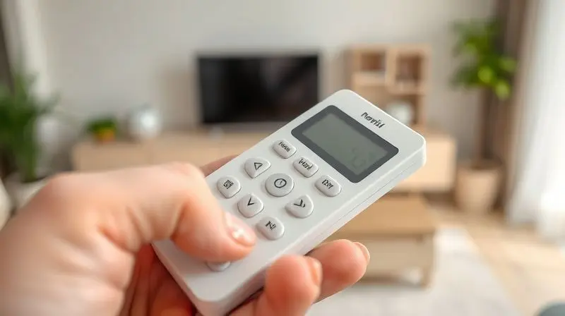 Close-up de uma mão segurando um controle remoto de ar-condicionado, destacando os ícones e símbolos das diferentes funções do aparelho.
