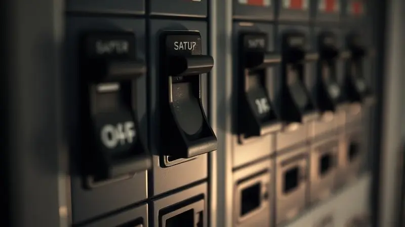 Close-up de um disjuntor desarmado em um quadro de energia, destacando a importância da segurança na instalação elétrica do ar-condicionado.