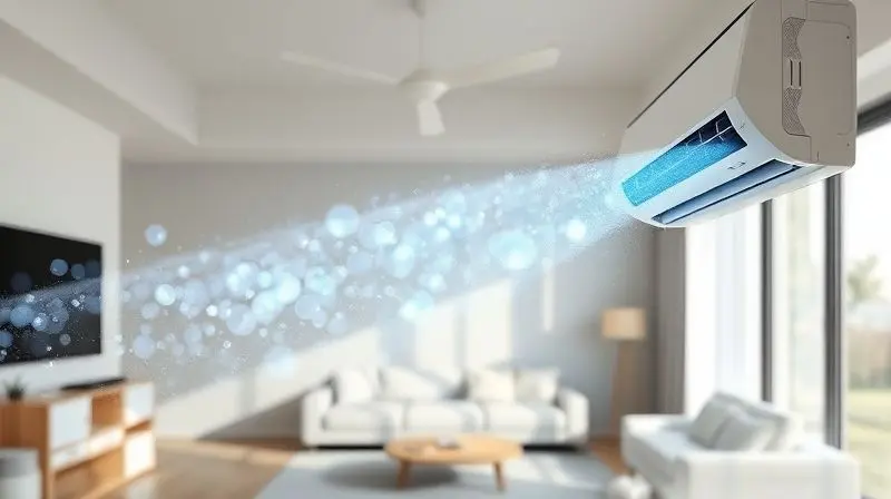Ilustração conceitual do fluxo de ar puro e limpo saindo de um ar-condicionado, destacando a importância de um filtro novo para a saúde.
