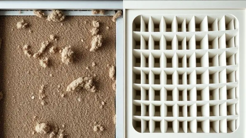 Comparativo visual entre um filtro de ar condicionado sujo e um limpo, demonstrando a importância da limpeza regular para a saúde e eficiência do aparelho.