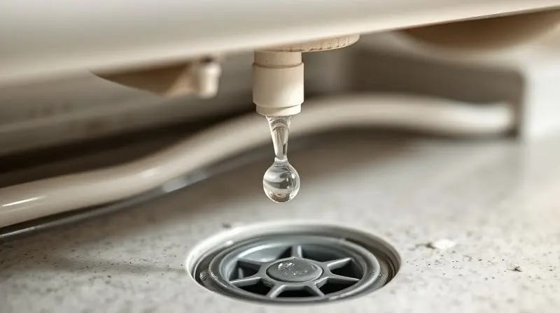 Detalhe do sistema de drenagem de um ar condicionado, mostrando o dreno com a inclinação correta para o escoamento adequado da água, evitando infiltrações.