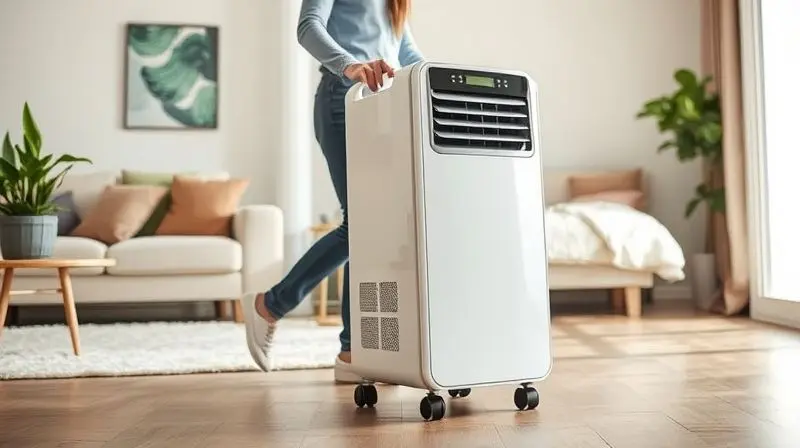 Pessoa movendo com facilidade um climatizador de ar com rodinhas entre cômodos, destacando sua portabilidade e fácil instalação.