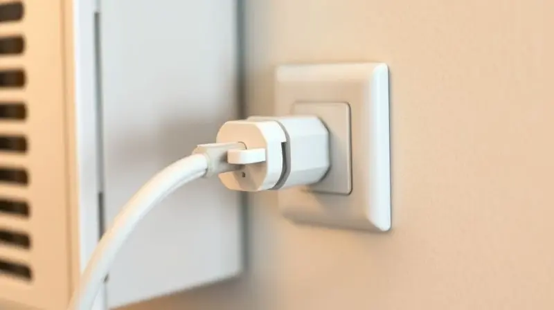 O plugue de três pinos de um ar-condicionado sendo conectado a uma tomada de parede aterrada, destacando a segurança elétrica.