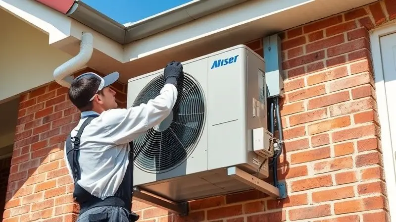 Técnico profissional fixando a unidade externa, a condensadora do ar-condicionado, em suportes na parede de uma casa.