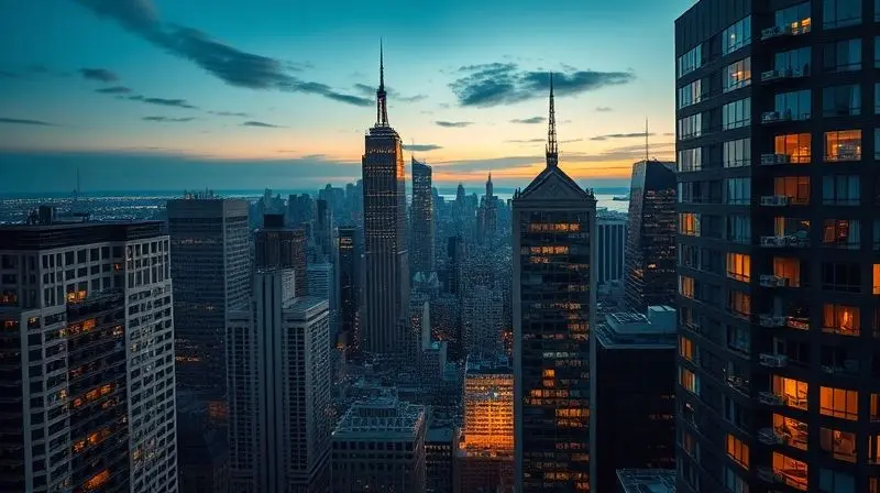 Skyline de uma cidade moderna ao entardecer, simbolizando o legado global de Willis Carrier e o impacto do ar-condicionado na arquitetura.