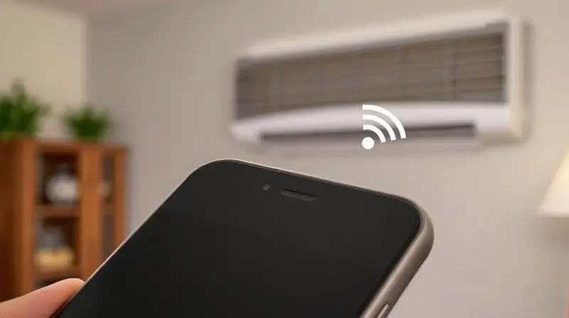 Detalhe do sensor infravermelho na parte superior de um celular, sendo usado para ligar um ar-condicionado sem a necessidade de internet.
