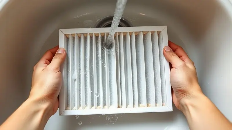 Pessoa segurando um filtro de ar-condicionado de janela debaixo de água corrente em uma pia para remover a poeira e sujeira acumulada.