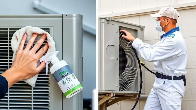 Comparativo visual entre a limpeza caseira de um ar-condicionado e a limpeza profissional feita por um técnico com equipamentos especializados.