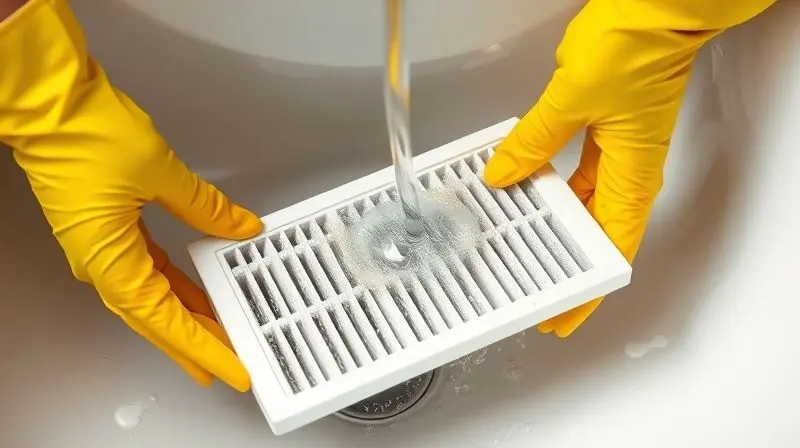 Pessoa realizando a limpeza correta do filtro de ar condicionado, lavando-o cuidadosamente em água corrente para remover toda a poeira e sujeira.