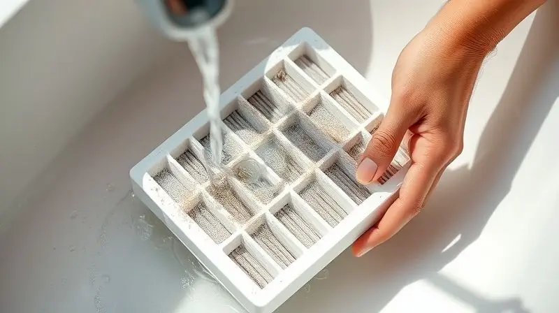 Pessoa realizando a limpeza periódica do filtro do ar-condicionado para garantir a eficiência energética e a qualidade do ar.
