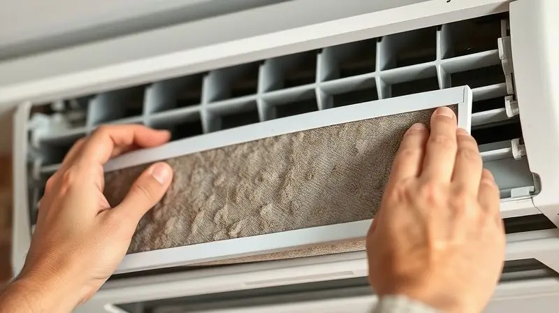 Pessoa realizando a limpeza do filtro de um ar-condicionado para garantir a eficiência e a qualidade do ar no ambiente.
