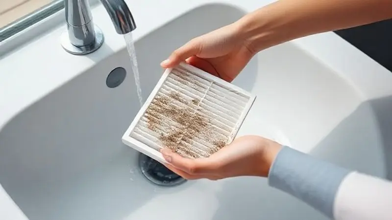 Pessoa realizando a limpeza cuidadosa do filtro de ar-condicionado em água corrente, o passo mais importante para manter o ar puro.