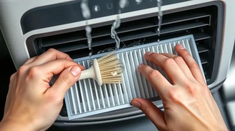 Mãos de uma pessoa realizando a limpeza do filtro de um ar-condicionado portátil automotivo com uma escova macia e água.