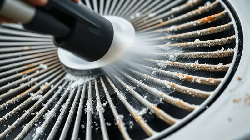 Equipamento profissional realizando limpeza profunda a vapor nas aletas da unidade externa do ar-condicionado, mostrando um serviço técnico detalhado.