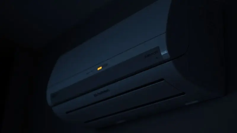 Luz de LED de um ar-condicionado piscando em um quarto escuro, indicando um possível alerta ou código de erro que precisa de atenção.