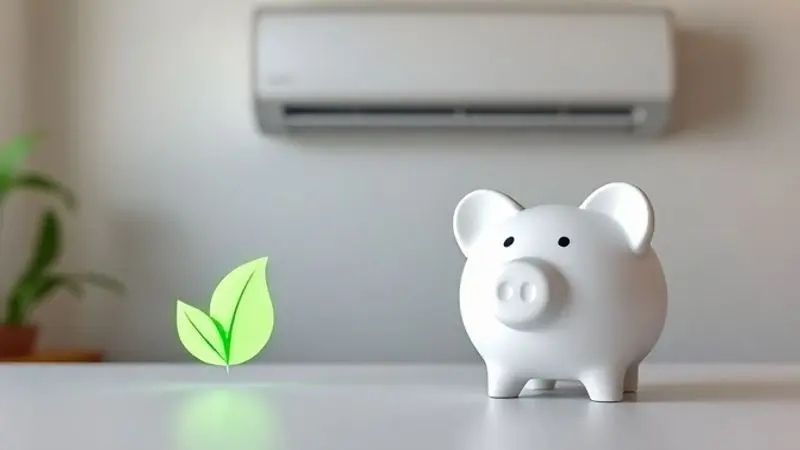 Um cofrinho em forma de porco ao lado de uma folha verde, simbolizando a economia de energia e a sustentabilidade do ar-condicionado Inverter.