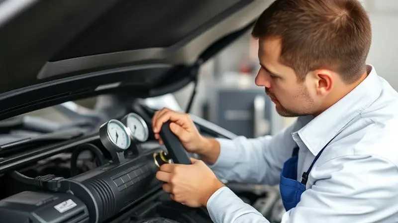 Mecânico profissional realizando a manutenção e inspeção do sistema de ar-condicionado de um carro em uma oficina.