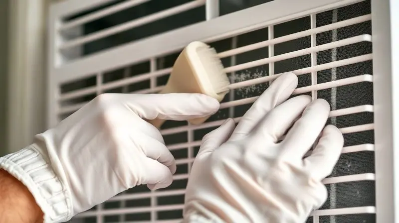 Pessoa realizando a limpeza do filtro de um ar-condicionado de janela com uma escova para garantir a manutenção do aparelho.