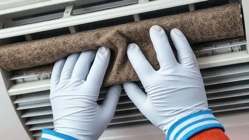 Técnico realizando a limpeza periódica do filtro de um ar-condicionado para garantir o bom funcionamento e a qualidade do ar.