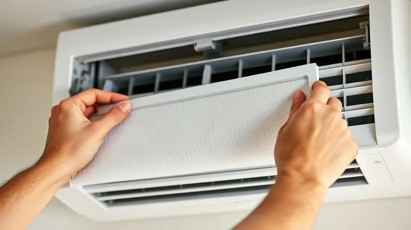 Pessoa realizando a limpeza do filtro de um ar-condicionado split, um passo crucial da manutenção para garantir a eficiência energética.