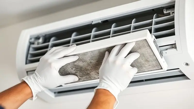 Técnico especialista realizando a limpeza e manutenção do filtro de um ar-condicionado para garantir seu bom funcionamento e a qualidade do ar.